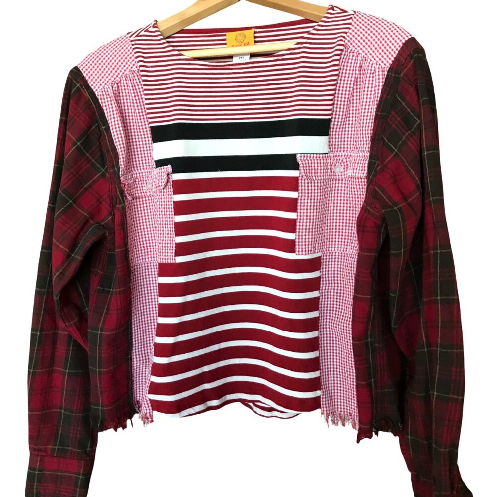 Upcycled Mixed Print Oversized Shirt, Red Gingham & Plaid Flannel Sleeves Sz M-L